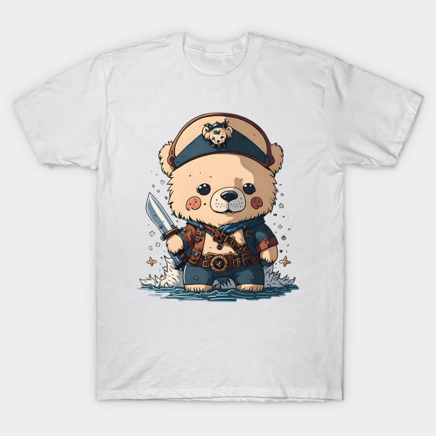 Kawaii Adorable Cartoon Pirate Polar Bear Design T-Shirt by Moxie Vibe